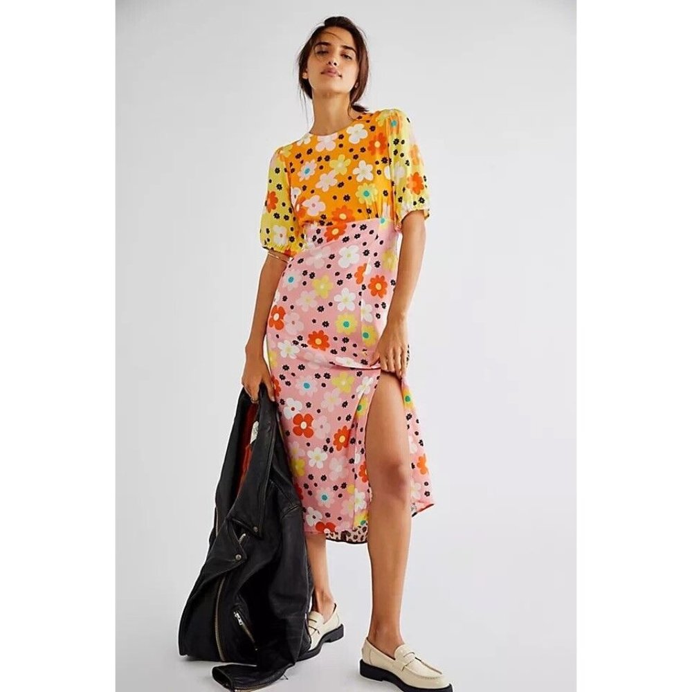 NWT FREE PEOPLE Sz US 6 PINK DIXIE DRESS MIXED FLORAL MIDI X NEVER FULLY DRESSED